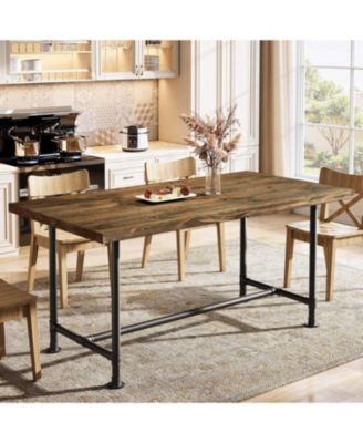 63-Inch Solid Wood Dining Table for 4-6, Industrial Large Kitchen Table with Metal Footrest, Rectangular Wooden Dinner Table