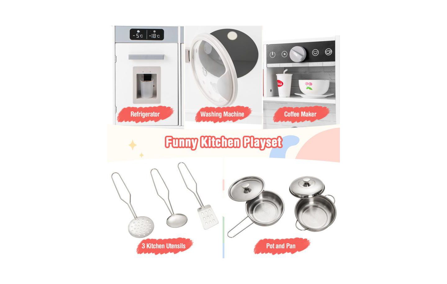 Детские игрушки HONGGE Pretend Play Kitchen Wooden Toy Set with Real Lights and Sounds, цвет: Белый — фото 8
