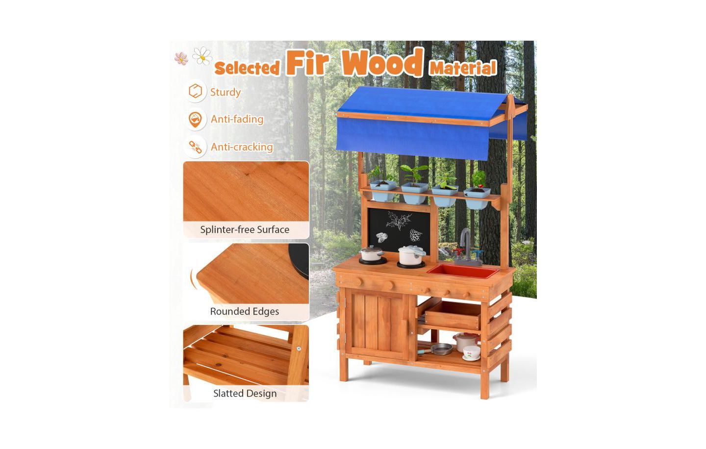Детская игрушка HONGGE Wooden Adjustable-Canopy Pretend Play Kitchen with Accessories, Ages 3+, цвет: Натуральный — фото 7