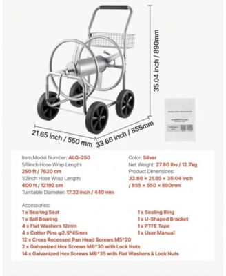 Mobile Steel Hose Reel Cart with Storage Basket Holds Up to 250 ft of Hose