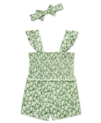 baby Girls' Green Daisy knit Romper and Headband, 2-Piece Set
