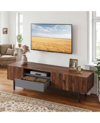 Modern Mid Century TV Cabinetfor TVs  with Drawer-Walnut