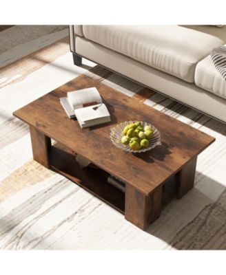 41-Inch 2-Tier Wooden Coffee Table with Open Storage Shelf