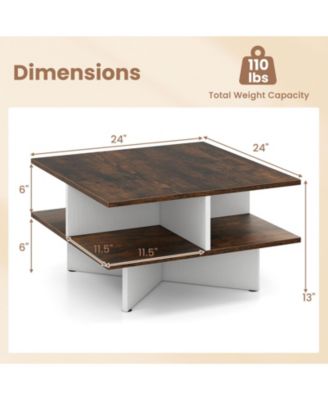 2-Tier Square Coffee Table with 4 Storage Compartments