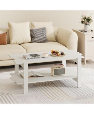 45-Inch 2-Tier Slatted Wood Coffee Table with Shelf