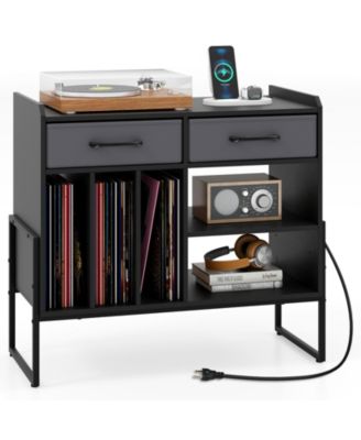Large Mid-Century Record Player Stand with Charging Station and Vinyl Cabinet, 30 x 14 x 27 in