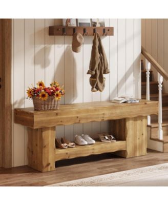 Solid Wood Shoe Rack Bench, 63" Farmhouse Entryway Bench with Storage Shelf, Shoe Storage Organizer, Wide Rustic Bench