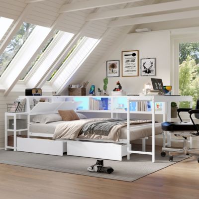 Bed w/ Bookcase, Storage, LED, Charging
