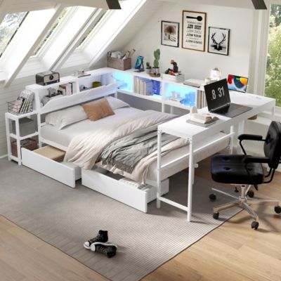 Bed w/ Bookcase, Storage, LED, Charging