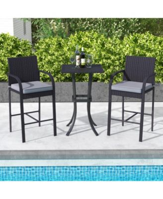 3-Piece Patio PE Rattan Bar Height Chairs and Square Table Set with Cushions