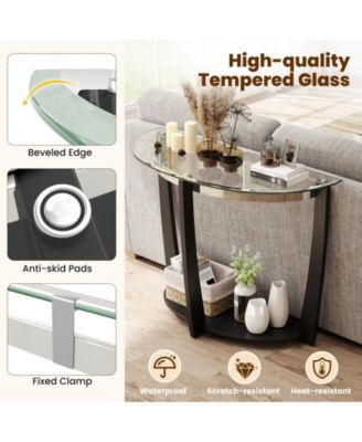 2-Tier Tempered Glass Half-Moon Console Table with Open Shelf, 40 x 16 x 30 in