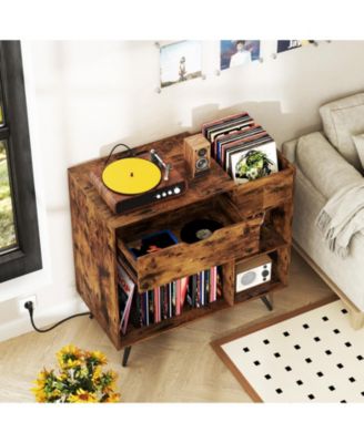 Record Player Stand with Power Outlet and Vinyl Storage Cubby, 31.5 x 16 x 31 in