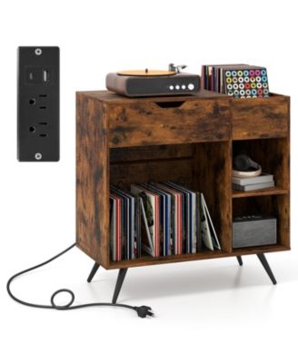 Record Player Stand with Power Outlet and Vinyl Storage Cubby, 31.5 x 16 x 31 in