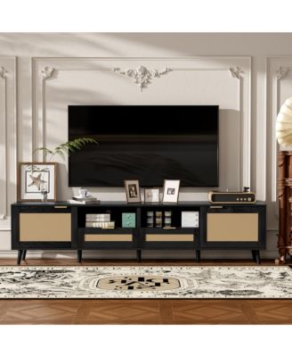 Rattan Media Console TV Stand for TVs  with 2 Drawers, Open Shelves and Storage Cabinet for Living Room