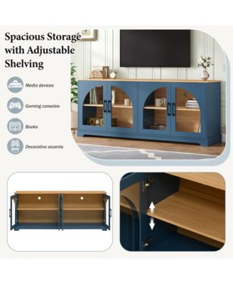 Farmhouse TV Stand for TVs , Two-Tone Media Console Table with Semi-Arched Glass Doors and Cable Management for Living Room