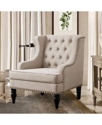 Vintage Button-Tufted Linen Accent Chair with Nailhead Trim, Plush Seat and Solid Wood Legs