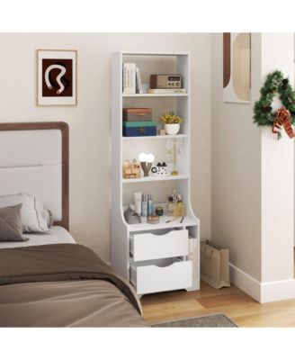 Tall Nightstand with Bookshelf - Freestanding Bedside Table with 2 Storage Drawers, Wood 4-Tier Bookcase for Bedroom