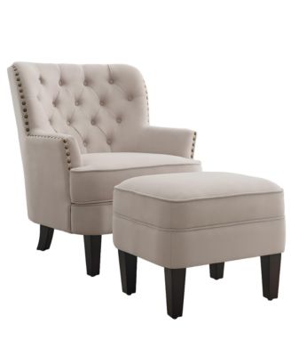 Vintage Button-Tufted Velvet Chair and Ottoman Set with Nailhead Trim and Solid Wood Legs