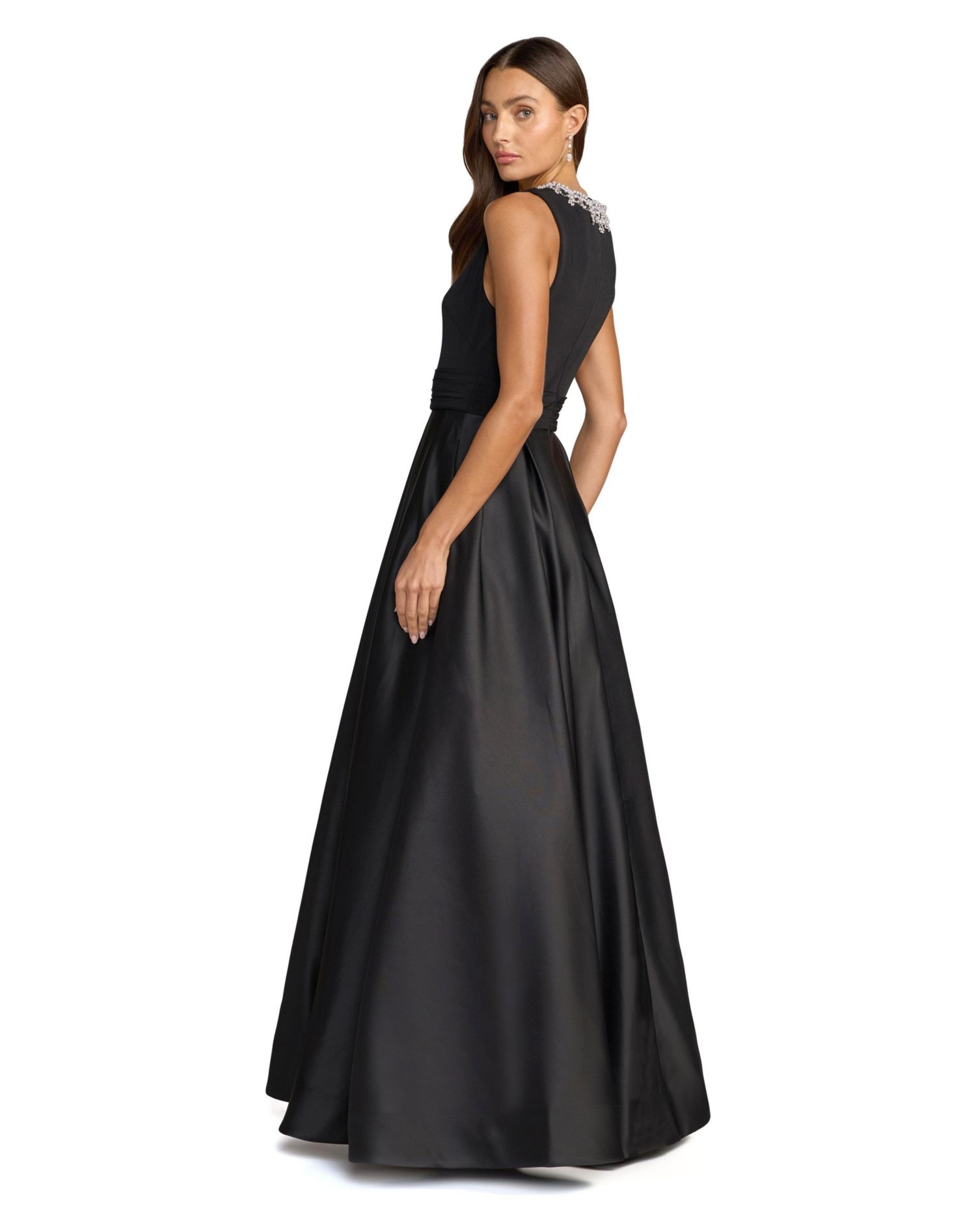 Women's Pearl-Embellished High-Neck Sleeveless A-Line Evening Gown