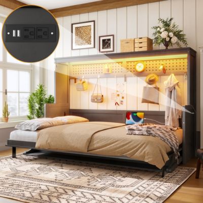 Full Size Murphy Bed with a desk, USB Charging Station, LED Lights