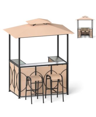  FT Grill Gazebo Set with 2 Bar Stools, Bar Table and Double Roof Canopy
