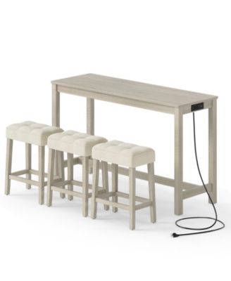 4-Piece Counter Height Bar Table Set with 3 Upholstered Stools and Built-in Charging Station, 59 x 20 x 35.5 in