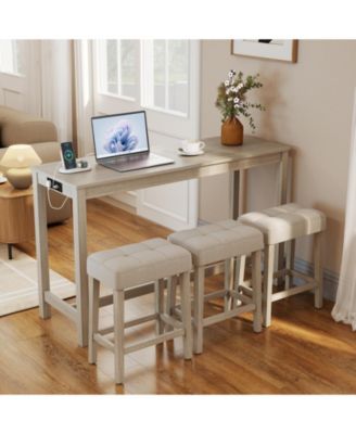 4-Piece Counter Height Bar Table Set with 3 Upholstered Stools and Built-in Charging Station, 59 x 20 x 35.5 in