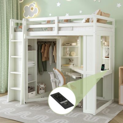 Loft Bed with Wardrobe and Desk, Charging, Lights