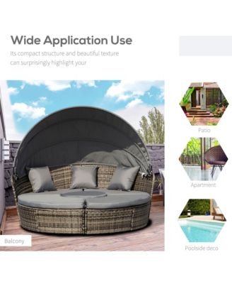 4-Piece Rattan Patio Furniture Set, Round Convertible Daybed or Sunbed with Adjustable Sun Canopy, Sectional Sofa, 2 Chairs, Table, 3 Pillows, Gray