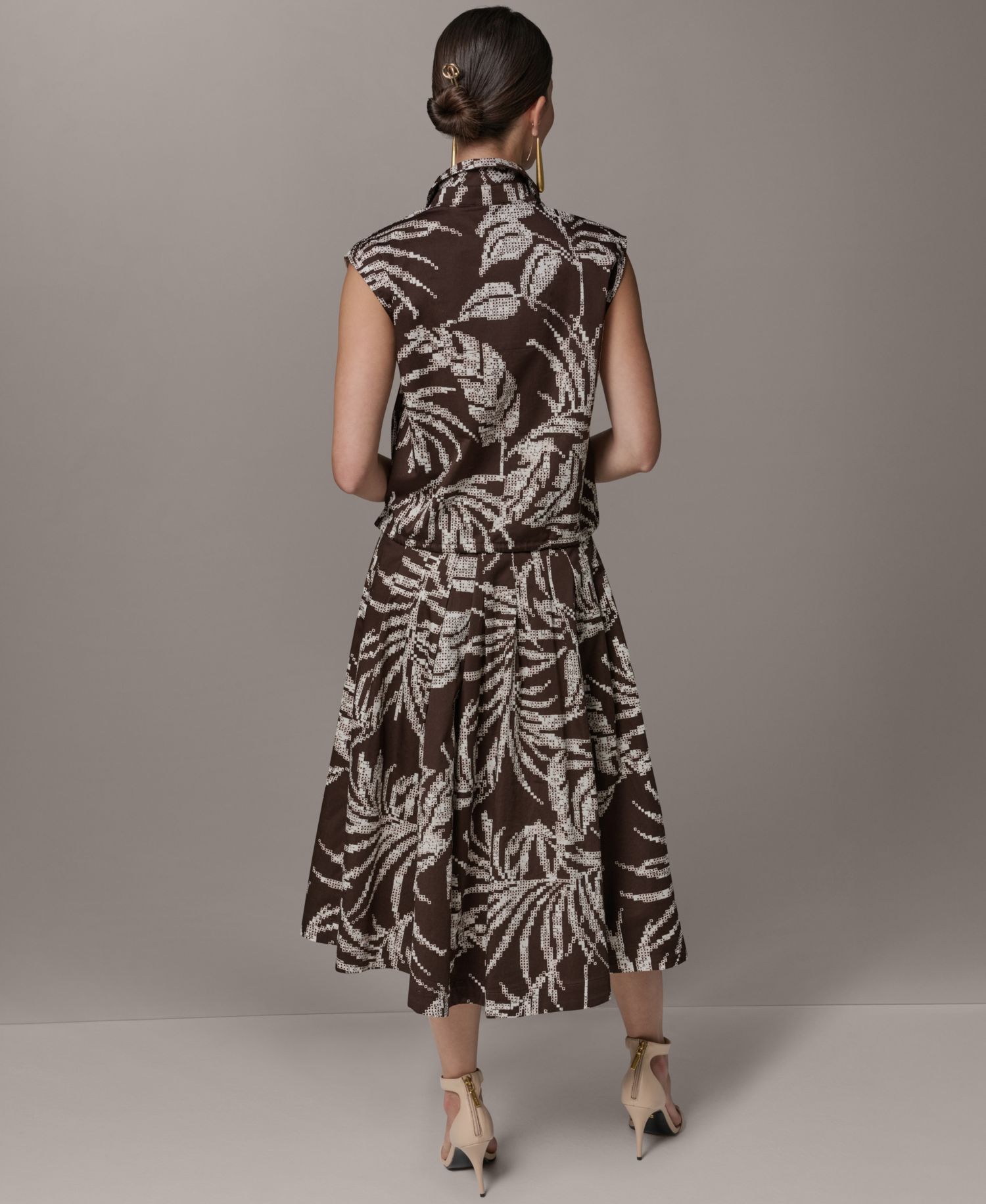Women's Button-Front Drawstring Top and Printed Pleated Skirt