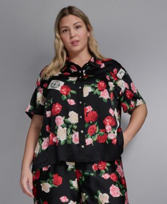 Plus Size Floral-Print Collared Blouse