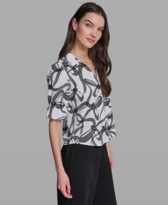 Petite Bow Print Collared Blouse