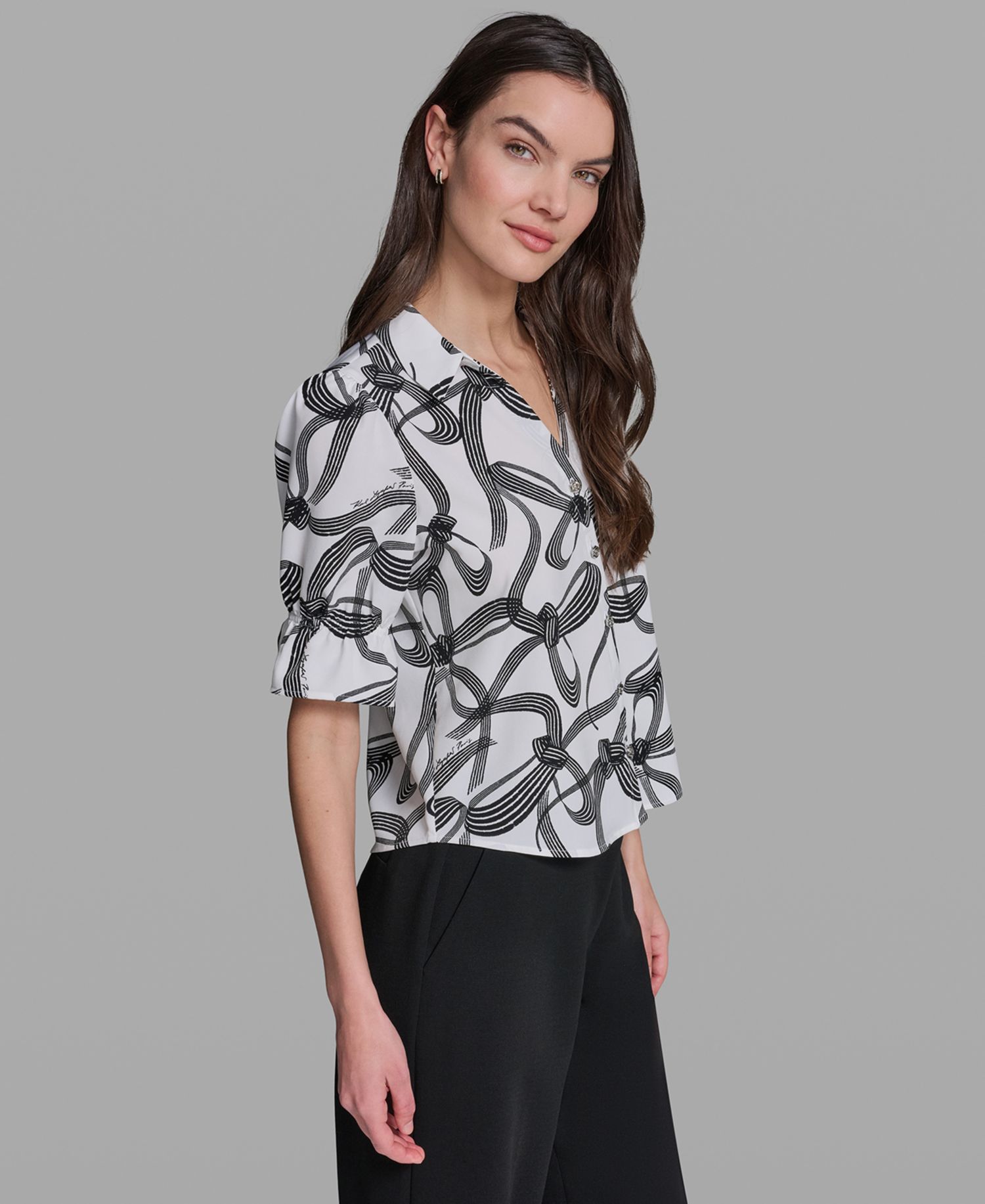 Petite Bow Print Collared Blouse