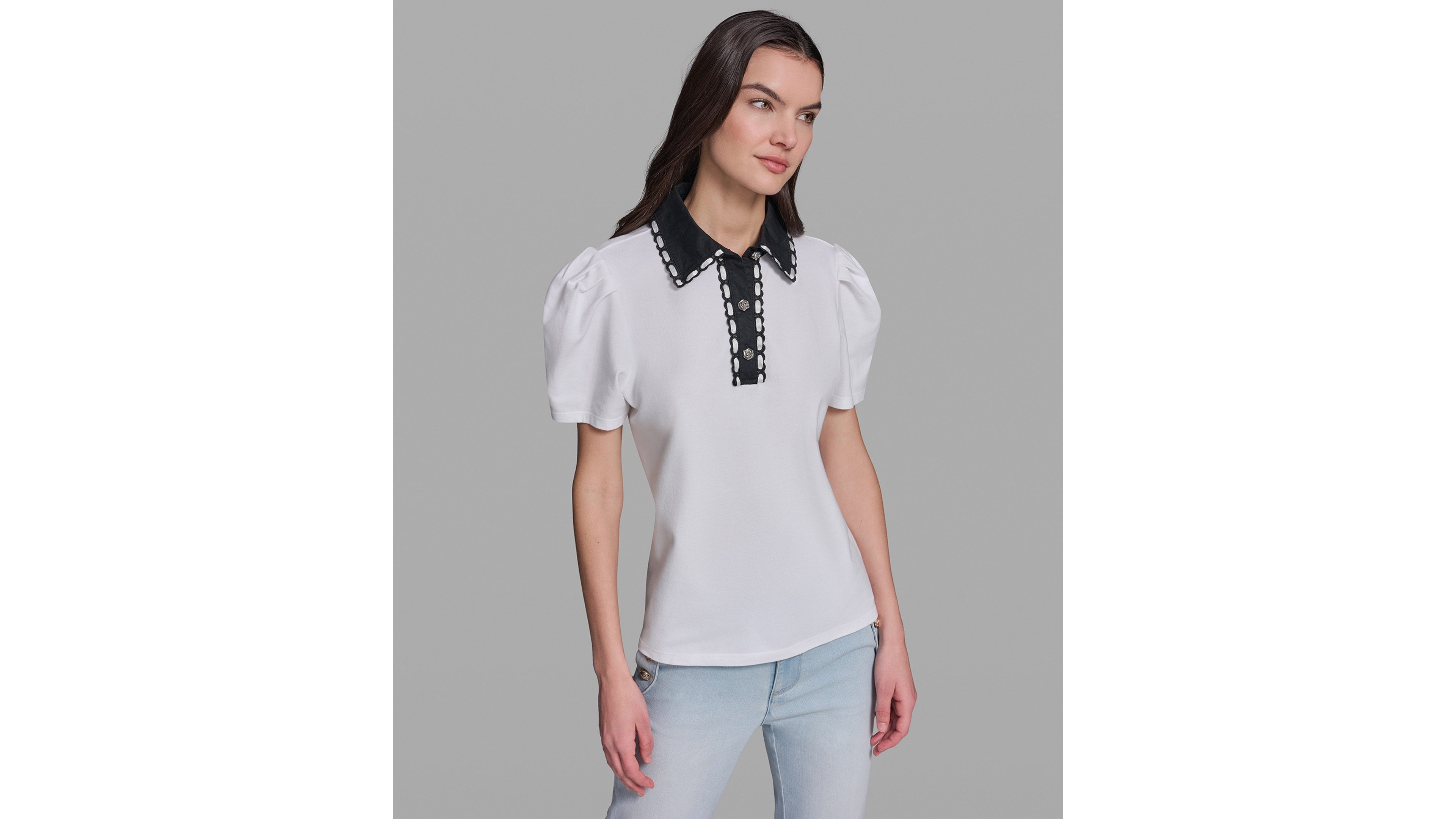 Karl Lagerfeld Paris Petite Button-Up Polo Collar Top