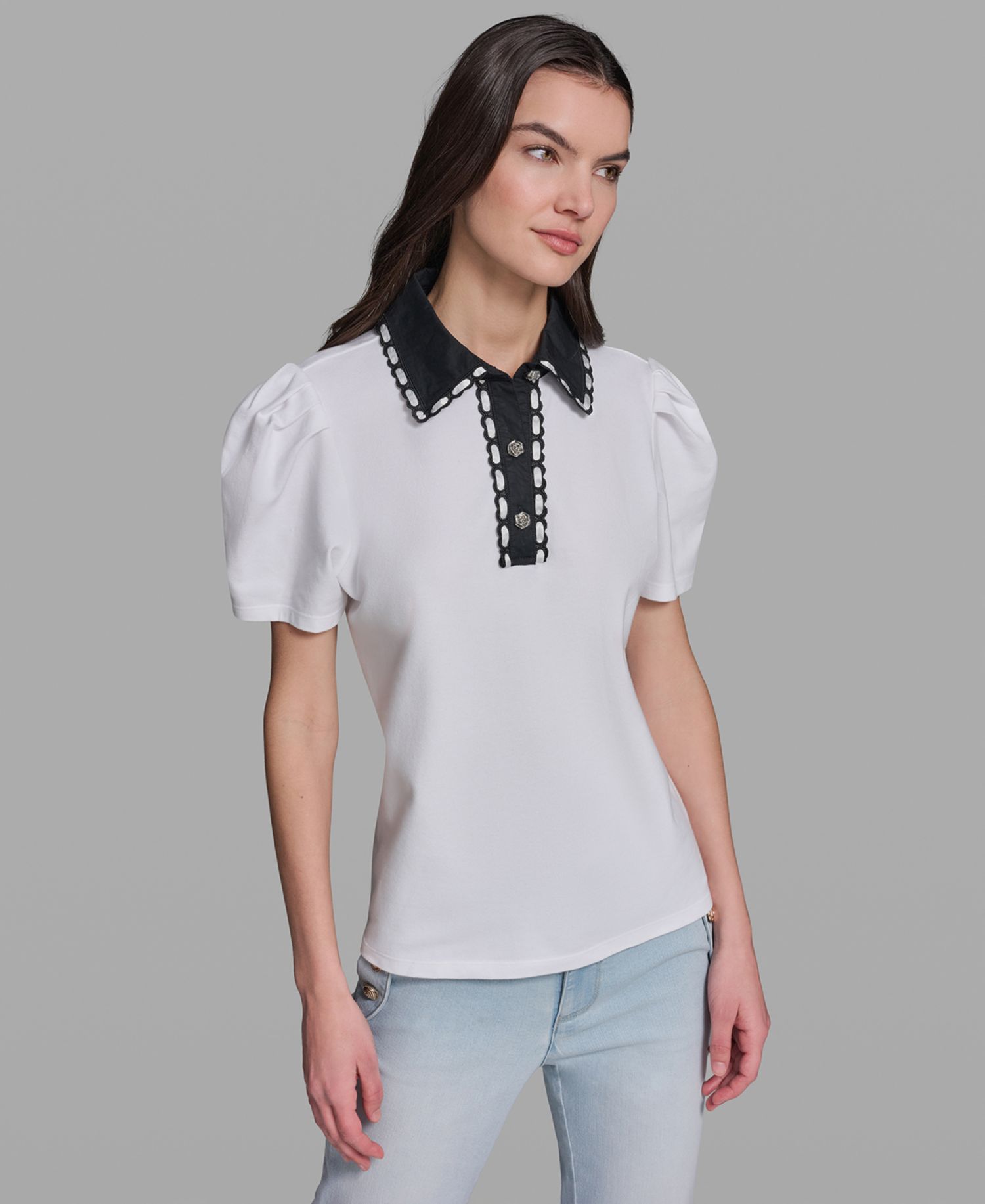 Petite Button-Up Polo Collar Top
