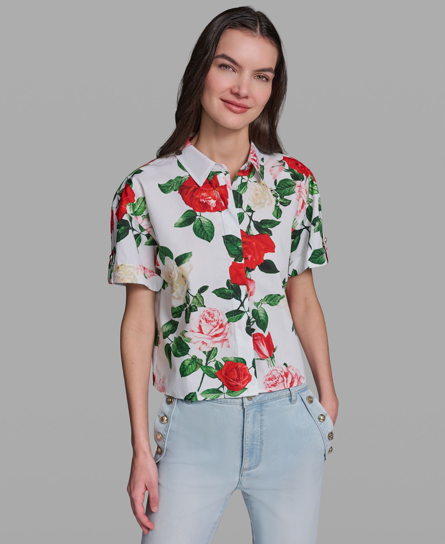 Petite Printed Poplin Collared Camp Top