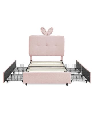 Twin Rabbit Ear Upholstered Bed w/LED and 4 Drawers