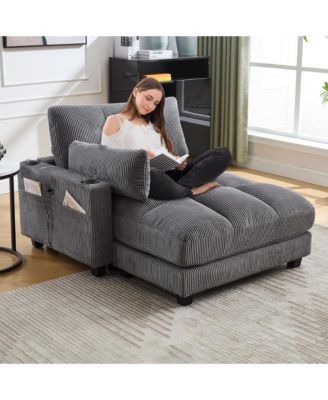 Oversized Corduroy Chaise Lounge Sleeper Sofa Bed with USB Ports, Cup Holders, Side Pockets and Pillow, Deep Seat Couch for Living Room
