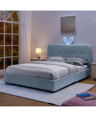 Kids Upholstered Bed w/ Rabbit Headboard, LED and Drawers