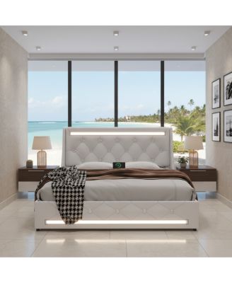 LED Upholstered Bed w/ Charging Station and Diamond Headboard