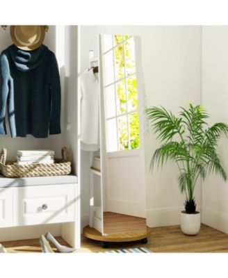 Freestanding Coat Rack with Full-Length Mirror, 3 Hooks and Storage Shelves on Wheels