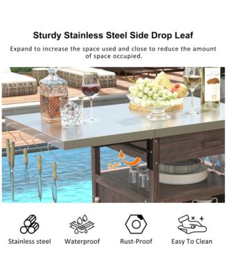 40.5inch Outdoor Grill Cart with Stainless Steel Top, Solid Wood Storage Cabinet with Drop Leaf, Drawer, Towel Rack and Lockable Wheels