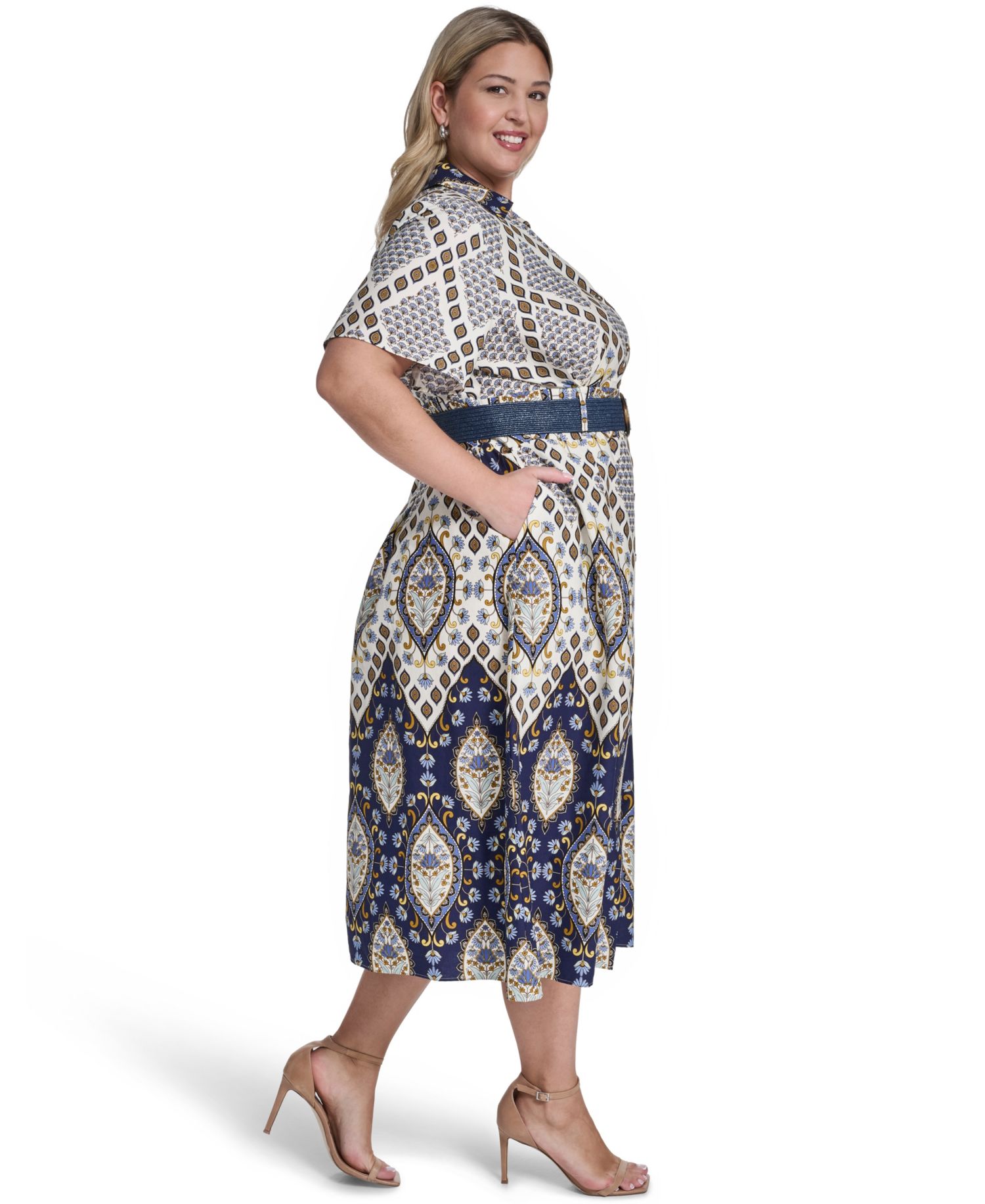 Plus Size Collared Belted Shirt-Dress