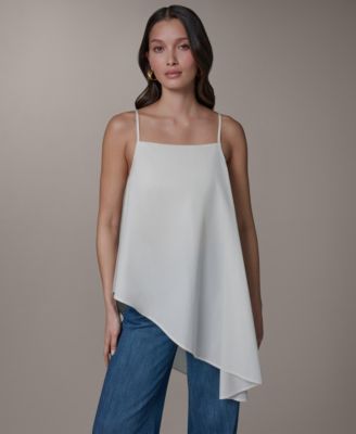 Women's Stretch Poplin Tie-Strap Cami Blouse with Asymmetrical Hem