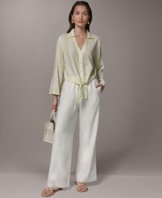 Women's Linen Button-Front Tie Blouse