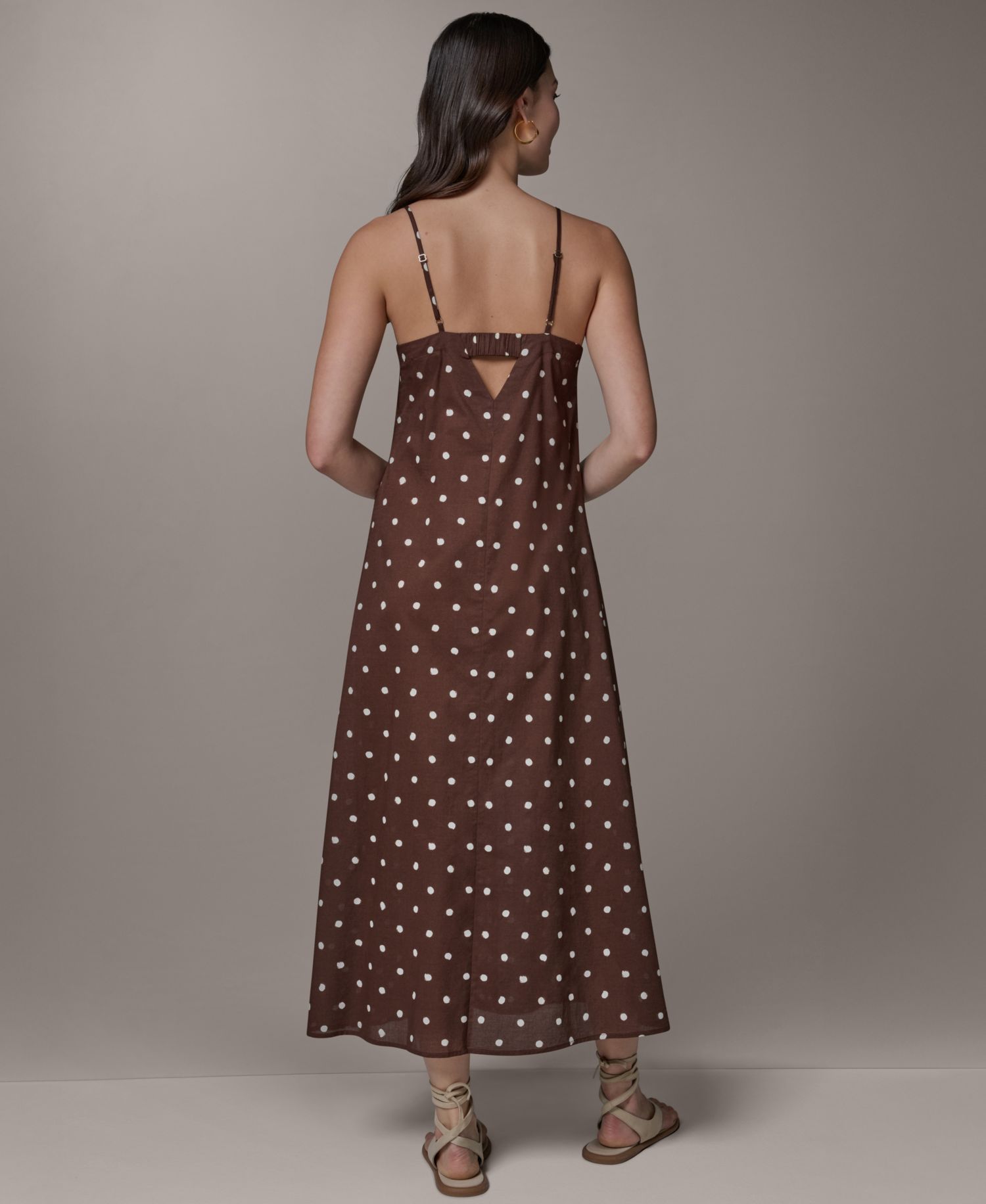 Women's Cotton Voile Dot Print Elastic Back V-Neck Spaghetti Strap Maxi Dress