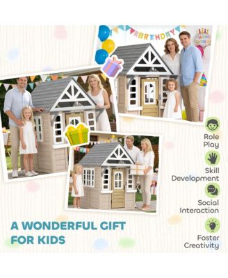 Outdoor Playhouse, Wooden Kids Playhouse with Dog Door, Cookware, Bell