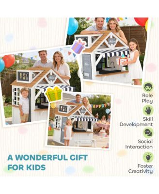 Outdoor Playhouse, Wooden Kids Playhouse with Dog Door for Garden