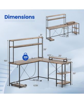 L-Shaped Reversible Gaming Desk with LED Strip and Power Outlets Hutch Monitor Stand