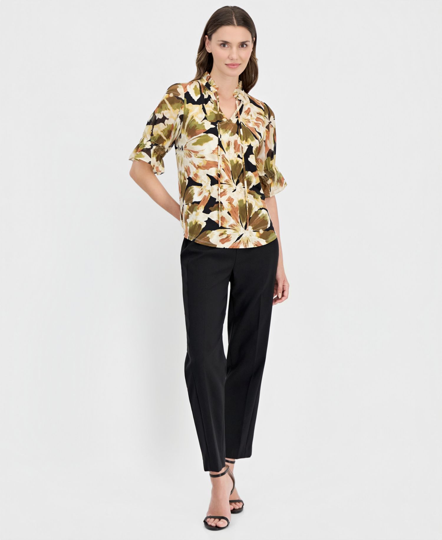 Women's Printed Tie-Front 3/4-Sleeve Blouse